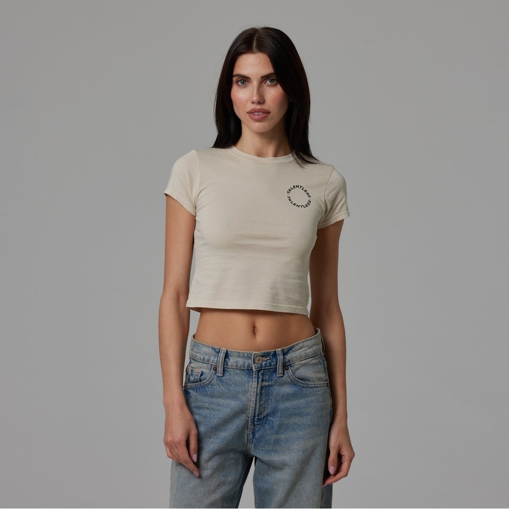 Talentless Women’s Circle Logo Baby Tee Shirt Bone Color Size Medium